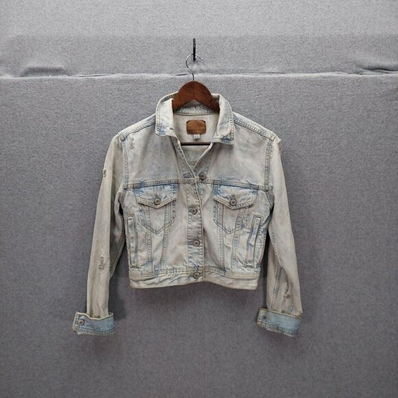American Eagle Size S Jean Jacket Denim Crop Blue White Distressed Acid Wash - Picture 1 of 7